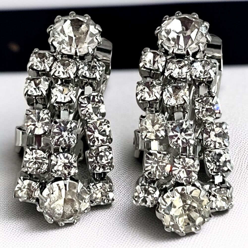 Vintage 1960s Rhinestone Clip Earrings Tiered Dangle Silver Tone - 9U